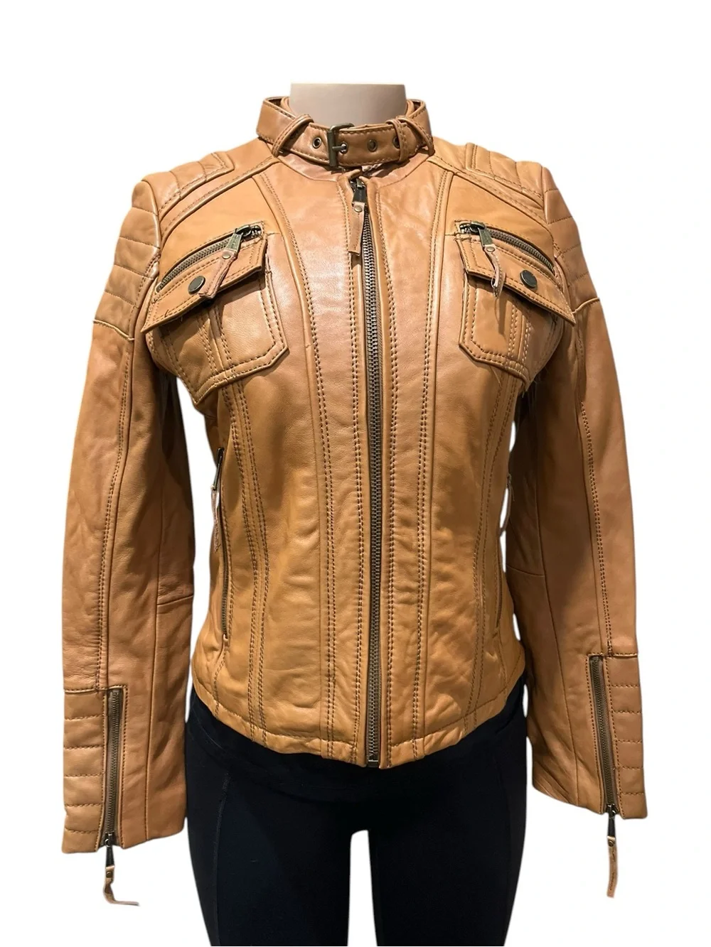 Michael Kors Cognac Leather Moto Jacket with Snap Collar